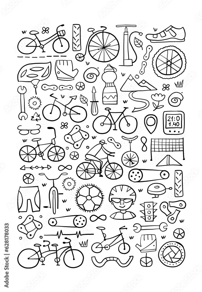 Aufkleber bicycle time. types of bicycles, tools and spare parts. vertical frame for your design - print, card