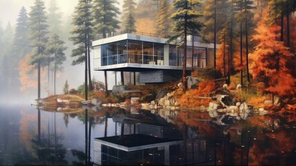 Fototapeta na wymiar modern house in a fjord