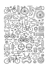 Bicycle time. Types of bicycles, tools and spare parts. Vertical frame for your design - print, cards, t-shirts etc - 628178033