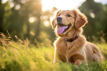 Golden Retriever puppy portrait in grass with a sunlight backdrop. By Generative AI.