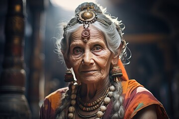 Obraz premium Portrait of an elder Indian woman. A beautiful elder woman in a traditional Hindu dress and jewelry looking at camera.