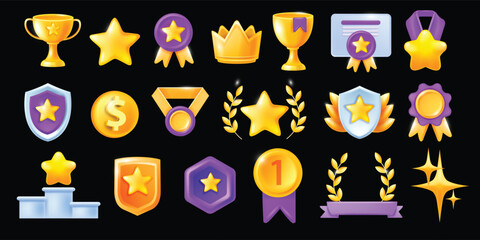 3D high quality icon set, vector professional recognition award medal kit, UI game level up reward. Golden cup, guarantee medal diploma, certified winner shield, customer prize crown. Quality icon