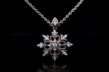Elegant Sterling Silver Snowflake Pendant on Chain. AI