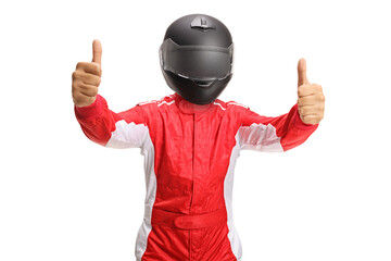 Happy male racer with a black helmet showing thumbs up - obrazy, fototapety, plakaty