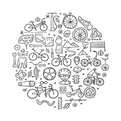 Bicycle time. Types of bicycles, tools and spare parts. Abstract circle frame for your design