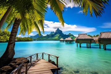 Wall murals Bora Bora, French Polynesia A peaceful and tranquil lagoon in Bora Bora, French Polynesia, with crystal-clear waters and overwater bungalows dotting the shoreline
