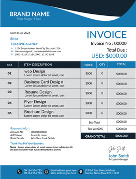 Minimal Corporate Business Invoice design template vector illustration bill form price invoice. Creative invoice template vector. business stationery design payment agreement design .