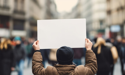 A political activist protesting holding a blank placard sign banner at a protest