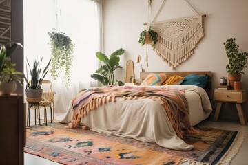 Mock up frame in bedroom interior backdrop, white room with natural wooden furnishings, Scandi Boho style. Generative AI