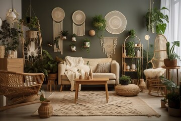 Mock up of a rustic bohemian living room in dark and beige tones. Modern wallpaper, furniture, and decorations. modern interior decor. Generative AI