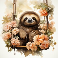 Sloth Relaxing on a Swing among Blooming Flowers Watercolor Clipart