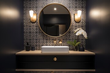A chic and glamorous powder room with a statement wallpaper, a decorative vanity, and gold accents for a touch of luxury. Generative AI