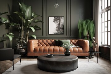 Contemporary Leather Sofa and Black Walls Elevate the Style of this Living Room. Generative AI