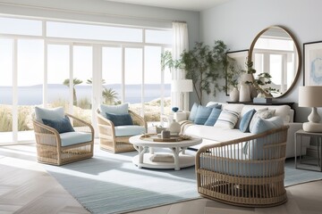 Modern living room with a coastal-inspired look and theme, incorporating natural elements and a beachy color palette, white brown and blue. Generative AI