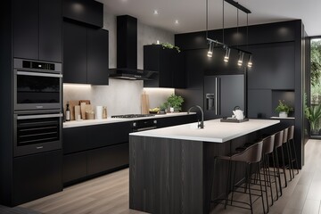 Kitchen in brand new luxury home features stainless steel appliances, hardwood floors, and quartz waterfall island. Generative AI