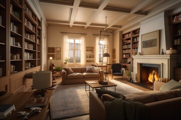 A cozy and inviting family room with a plush sectional and a statement fireplace, perfect for cozy evenings at home. Generative AI