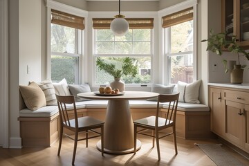 A cozy and inviting breakfast nook with a round table and comfortable seating, perfect for morning coffee. Generative AI