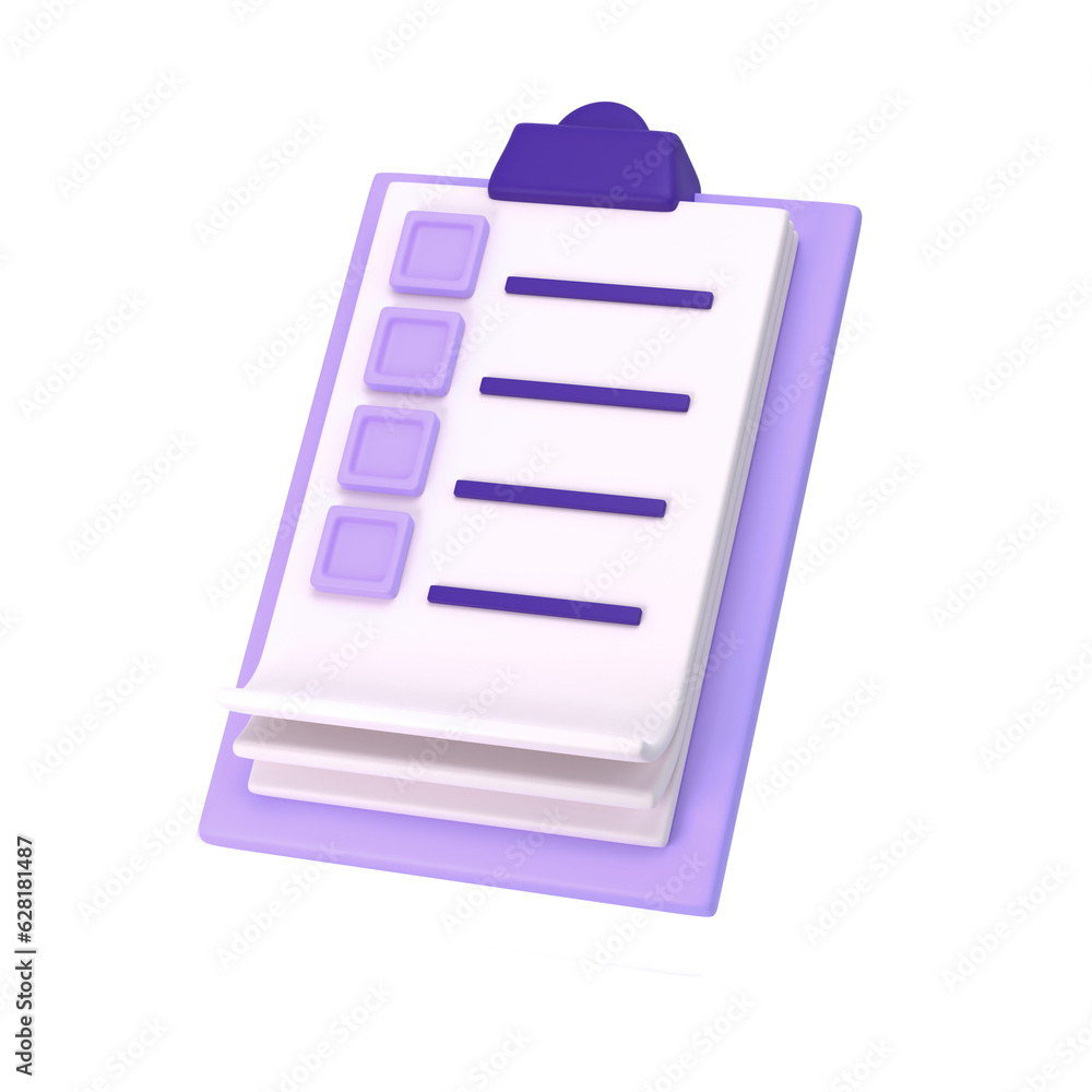 Poster 3d white clipboard icon task management todo check list on lilac plane background. work project plan