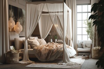 Cozy dreamy bedroom with soft, pastel colors, flowing curtains, and a canopy bed, creating a serene and romantic atmosphere. Generative AI