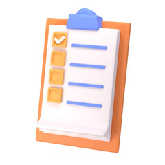 3d white clipboard icon task management todo check list on orange plane background. Work project plan concept, fast checklist, posting plan. productivity checklist