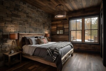 A cozy and rustic cabin-style bedroom with a wood. Generated AI