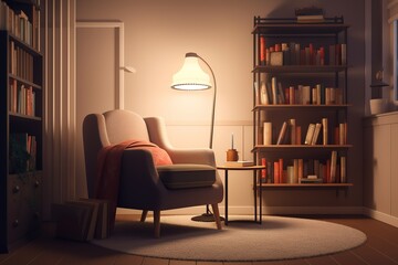 A cozy and inviting reading corner with a plush armchair and a floor lamp, nestled in front of a large window. Generative AI