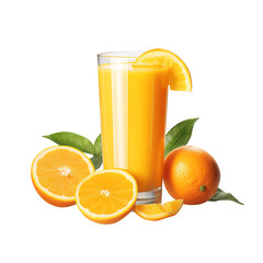 Glass of orange juice and orange on transparent background Remove png created with Generative AI, Clipping Path