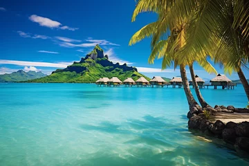 Keuken foto achterwand Bora Bora, Frans Polynesië A peaceful and tranquil lagoon in Bora Bora, French Polynesia, with crystal-clear waters and overwater bungalows dotting the shoreline