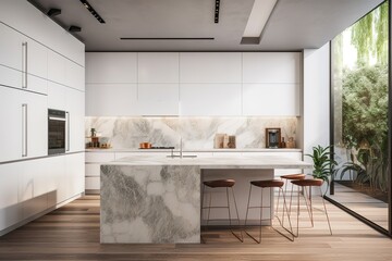 Fototapeta na wymiar modern white kitchen with sleek black appliances and marble countertops. generative ai