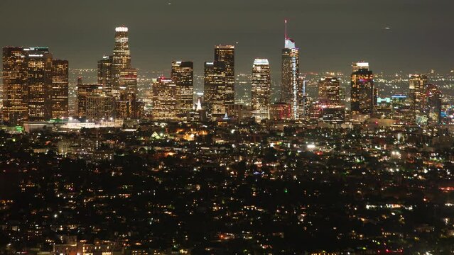 Los Angeles Downtown Buildings Night 300mm from Griffith Park Time Lapse Tilt Up California USA