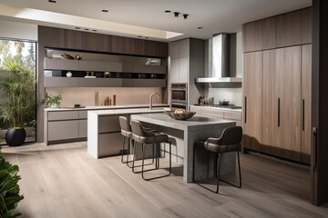 a sleek, modern kitchen with stainless steel counters and a glass backsplash. generative ai