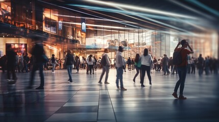 Fototapeta premium Fast moving energetic crowd movement, motion blurred people walking with long exposure, motion speed blur. Generative AI