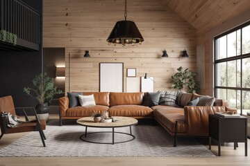 A modern farmhouse living room with a cozy white sectional, natural wood coffee table, and rustic shiplap walls. Generative AI