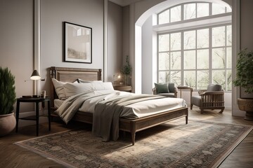A rustic bedroom with wooden furniture and soft, neutral bedding. Generative AI