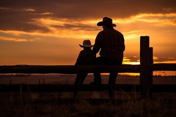 Obraz premium Mutual understanding and trust. Father and son communicate on the ranch, in the rays of sunset. Father and son.