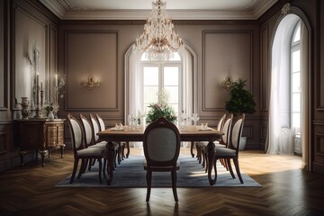 Fototapeta na wymiar A traditional and elegant dining room with a wood. generative ai