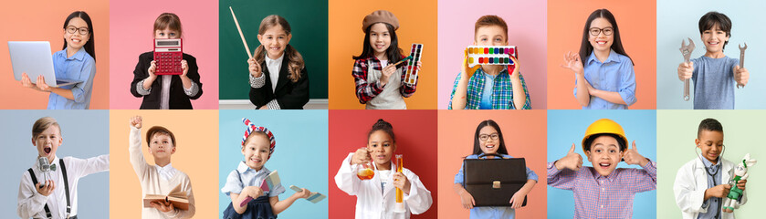 Group of different children dreaming about their future professions on color background