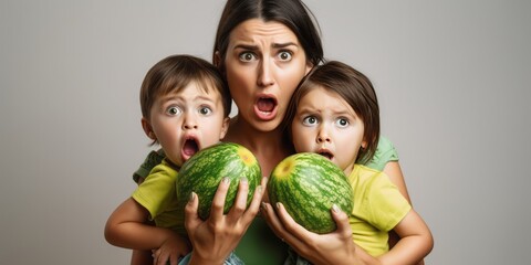 Fototapeta na wymiar breast cancer, Young Mother Holding Two Green Melons in Front of Her Chest, Making an Outrageous Face with Lively Facial Expressions, Emphasizing Breast Cancer Precaution and Health Check Importance