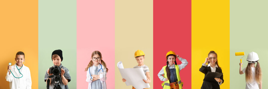 Collection of different children dreaming about their future professions on color background