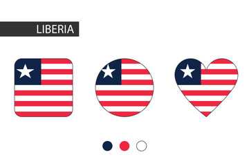 Liberia 3 shapes (square, circle, heart) with city flag. Isolated on white background.