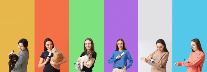 Collage of young women with pets and lint rollers on color backgrounds