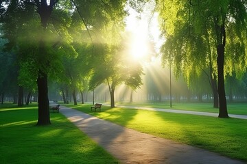 Fototapeta premium Beautiful public park with green grass field on morning light Created with Generative AI technology.