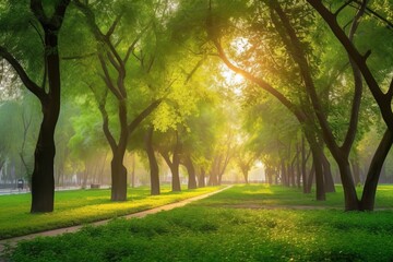 Beautiful public park with green grass field on morning light Created with Generative AI technology.