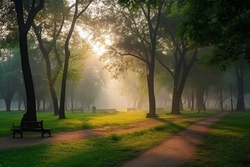 Beautiful public park with green grass field on morning light Created with Generative AI technology.