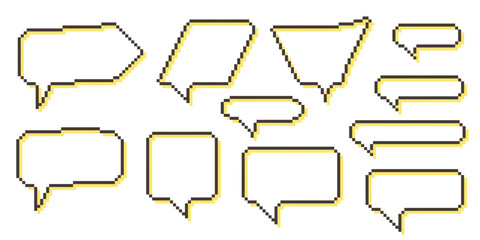 Obraz premium Pixel speech bubble Collection chart dialogue boxes. Retro game 8 bit line text box. Yellow, Black and white color empty pixelated message bar. Quote cloud frames. Flat design vector illustration