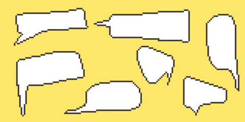 Obraz premium Pixel speech bubble Collection chart dialogue boxes. Retro game 8 bit line text box. Yellow, Black and white color empty pixelated message bar. Quote cloud frames. Flat design vector illustration