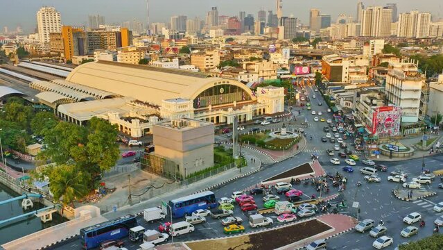 Bangkok,Thailand-February,20,2020:Aerial view Hua Lamphong main train station in Bangkok. .the main hub for intercity and international train services in Thailand. .cityscape background..