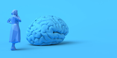 Artificial intelligence concept with woman looking at a brain. 3D illustration. Copy space.