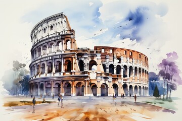 Watercolor Roman Colosseum with paint splatter. Ancient Roman amphitheater. Generative AI