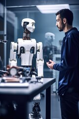 shot of a young man talking to a robot in his laboratory